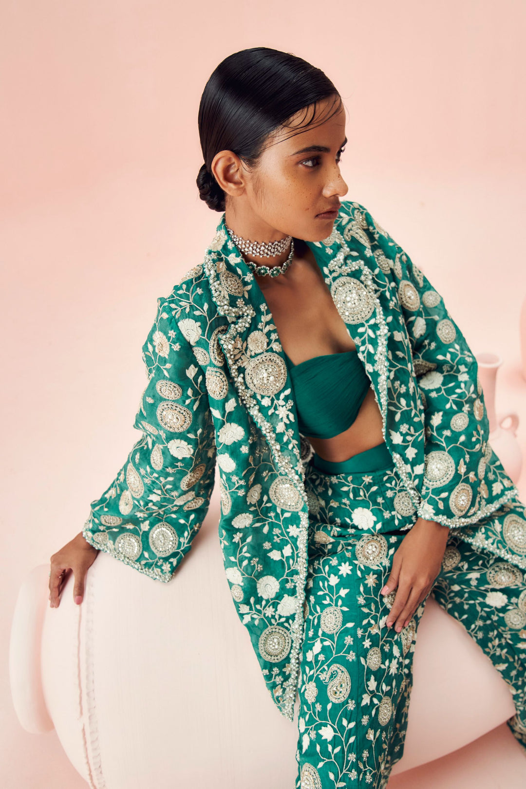 Teal Green Embroidered Jacket & Pants Set