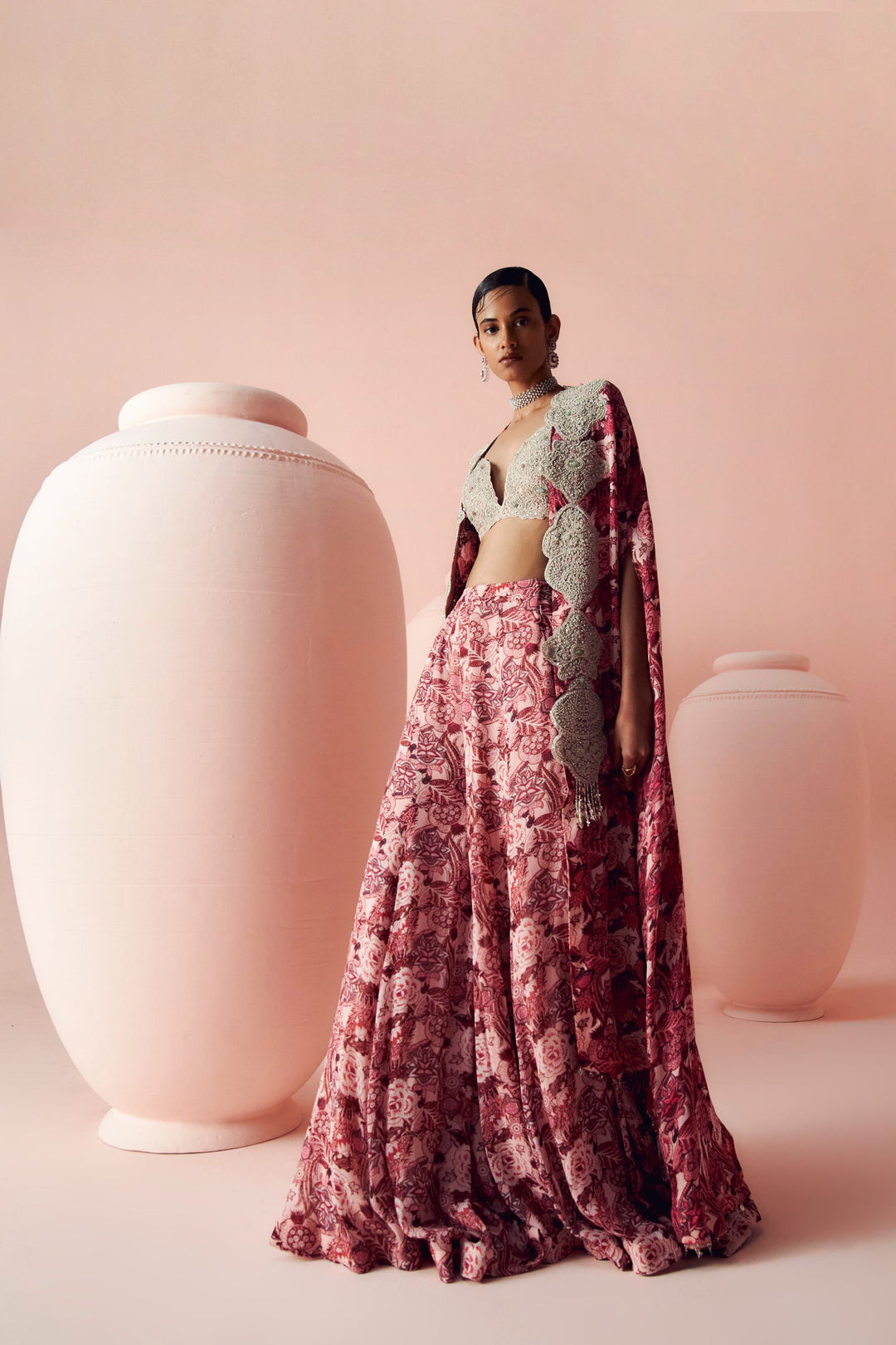 Blush Abstract Floral Flared Pants & Cape Set