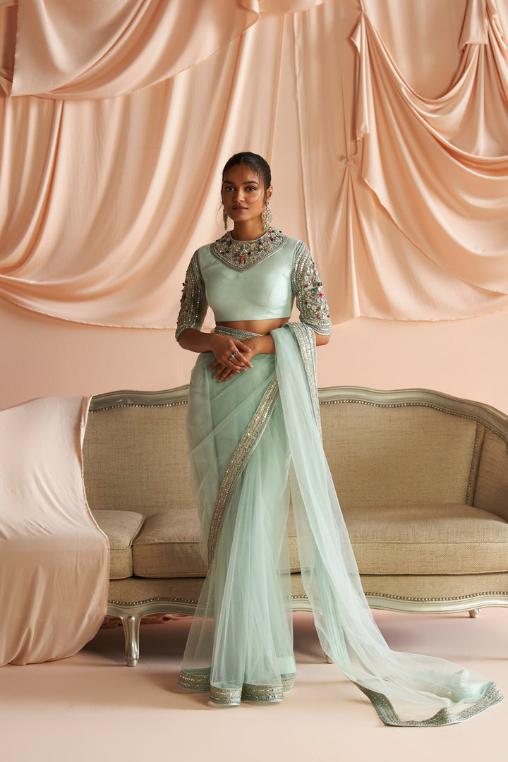 Aqua Embroidered Saree