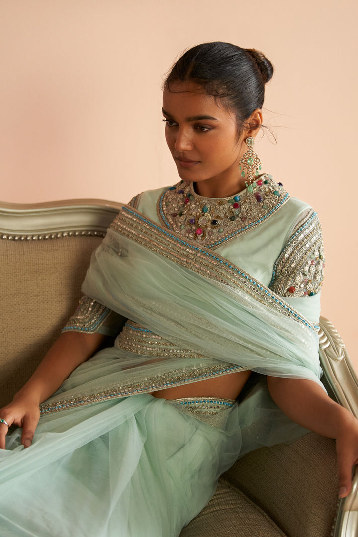 Aqua Embroidered Saree