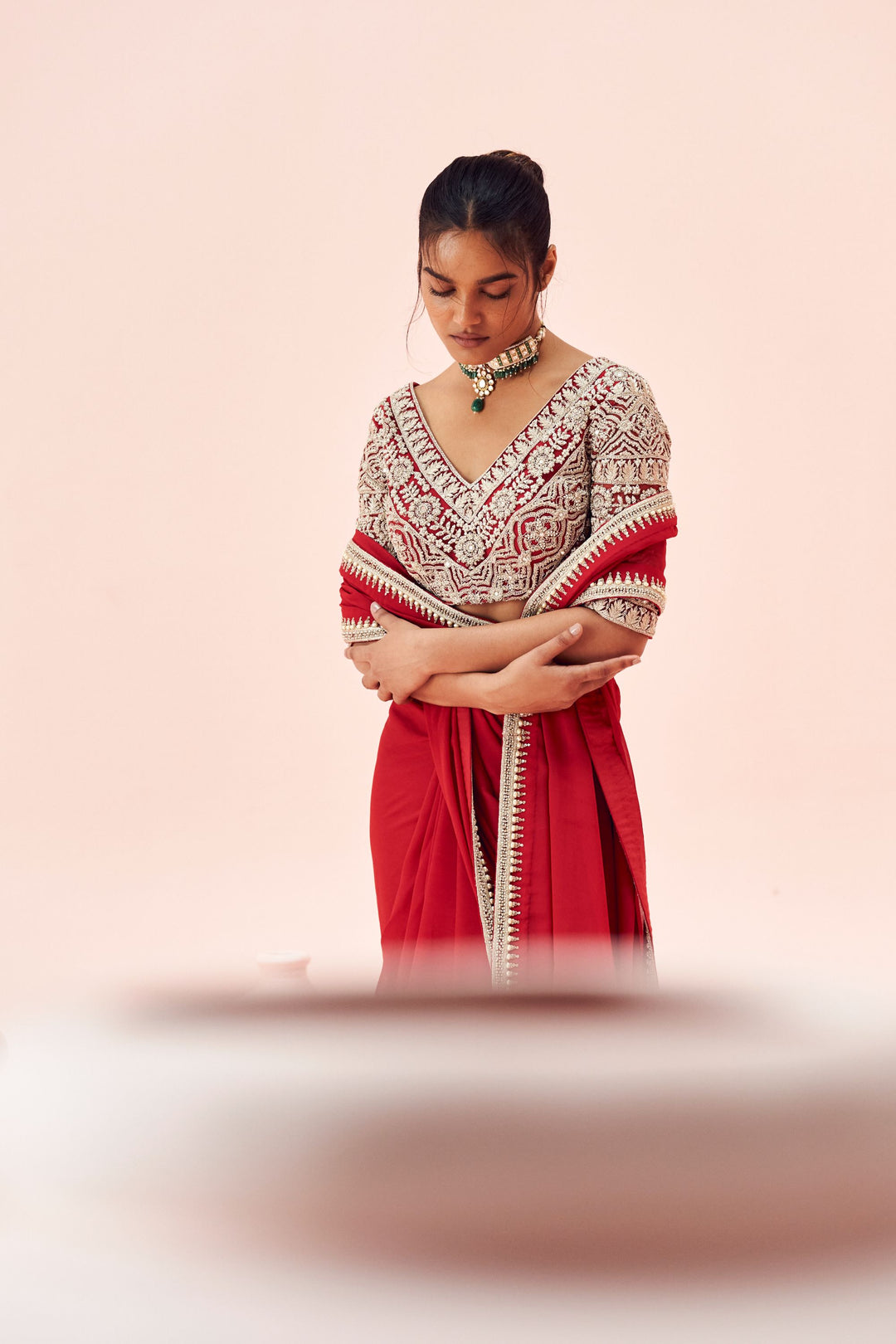 Ruby Red Saree with Embroidered Blouse