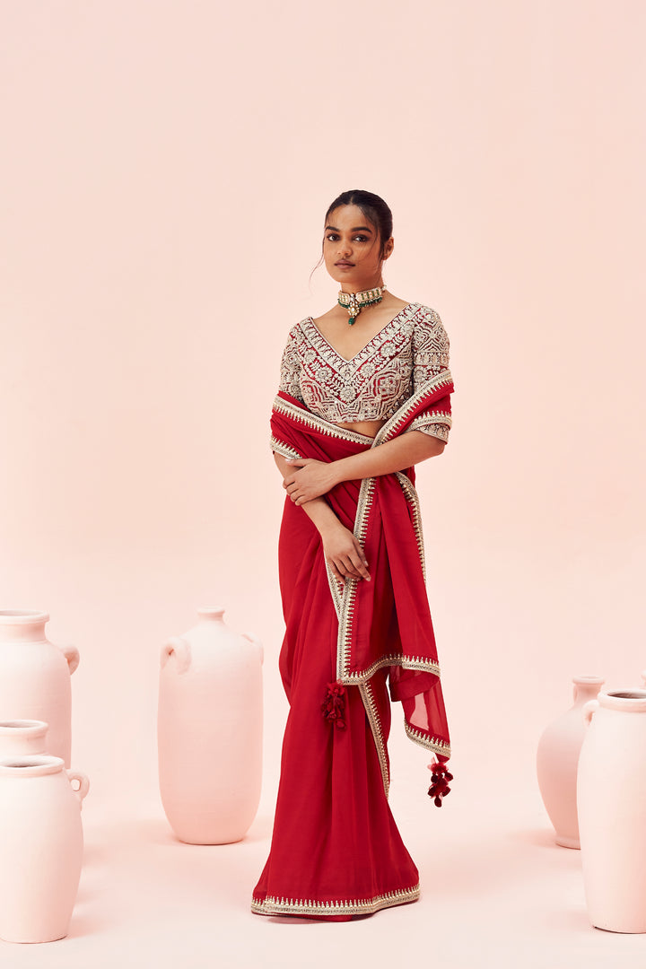 Ruby Red Saree with Embroidered Blouse