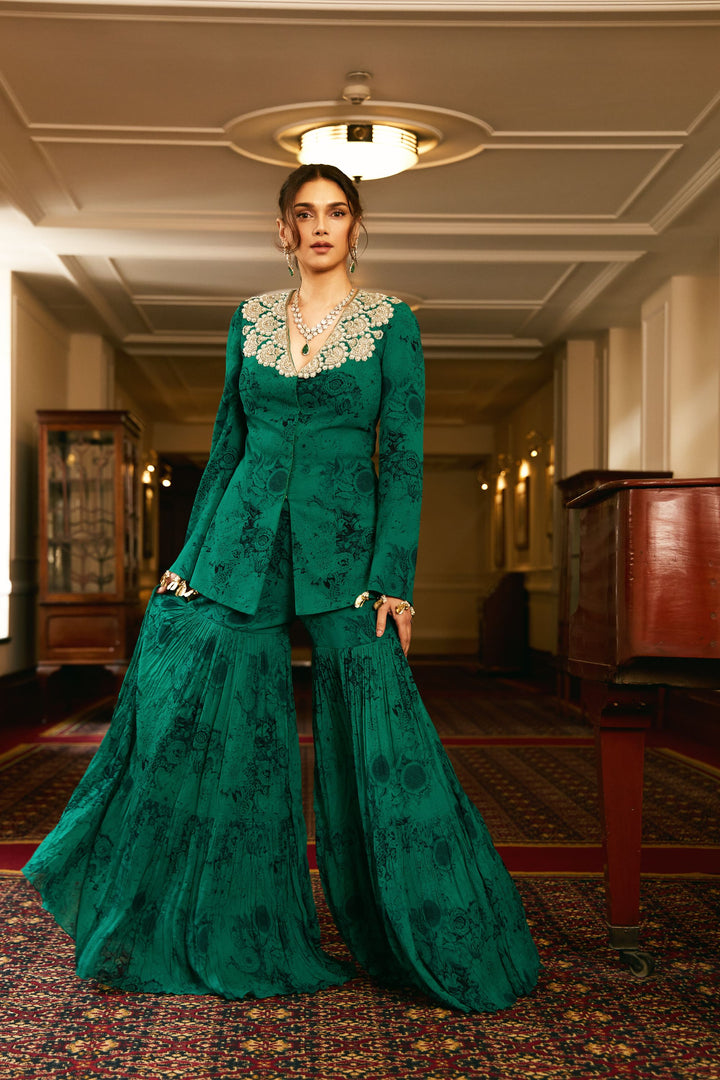 Aditi Rao Hydari in our Teal & Black Blossom Jacket Sharara Set