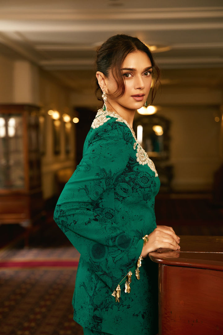 Aditi Rao Hydari in our Teal & Black Blossom Jacket Sharara Set