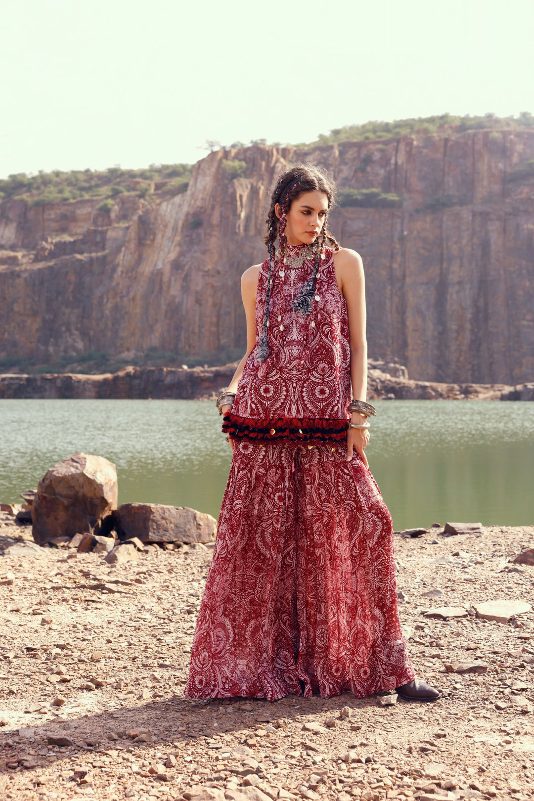 Red Geo Floral Embroidered Taseled Top & Sharara Pants