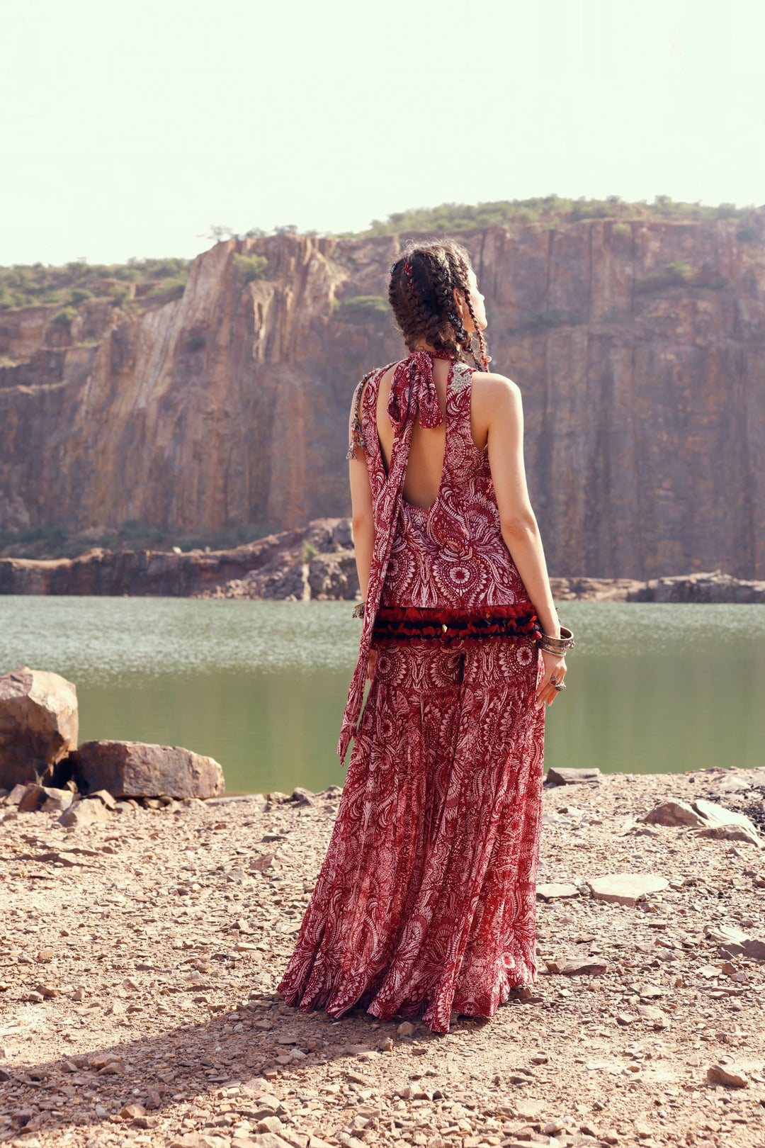 Red Geo Floral Embroidered Taseled Top & Sharara Pants