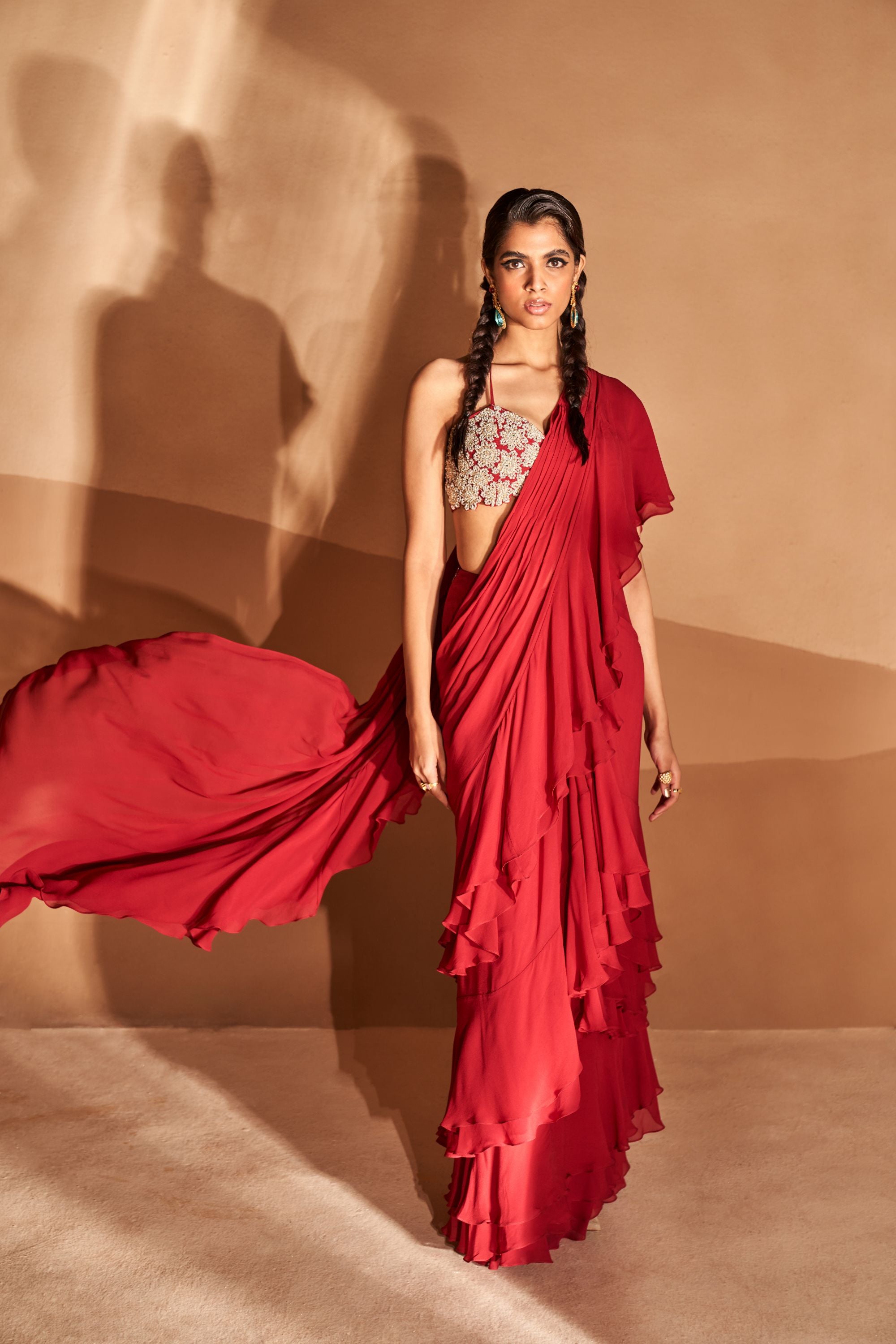 Red 1500 Ruffle saree, With Blouse Piece at Rs 1500/piece in Thane | ID:  20695904033