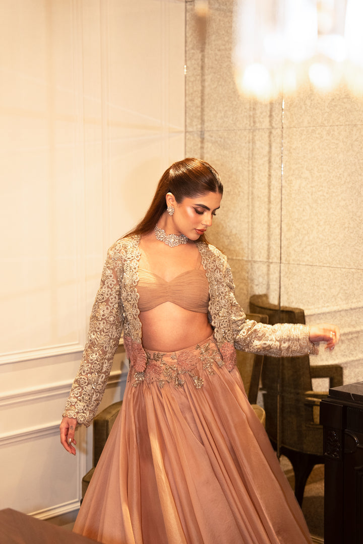 Muskan Channa in our Sandy Nude Lisa Jacket & Skirt Set