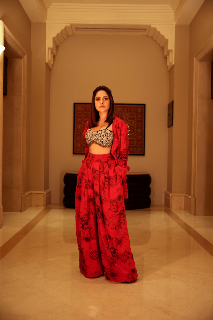 Nushrat Barucha in our Red & Black Blossom Pant Set