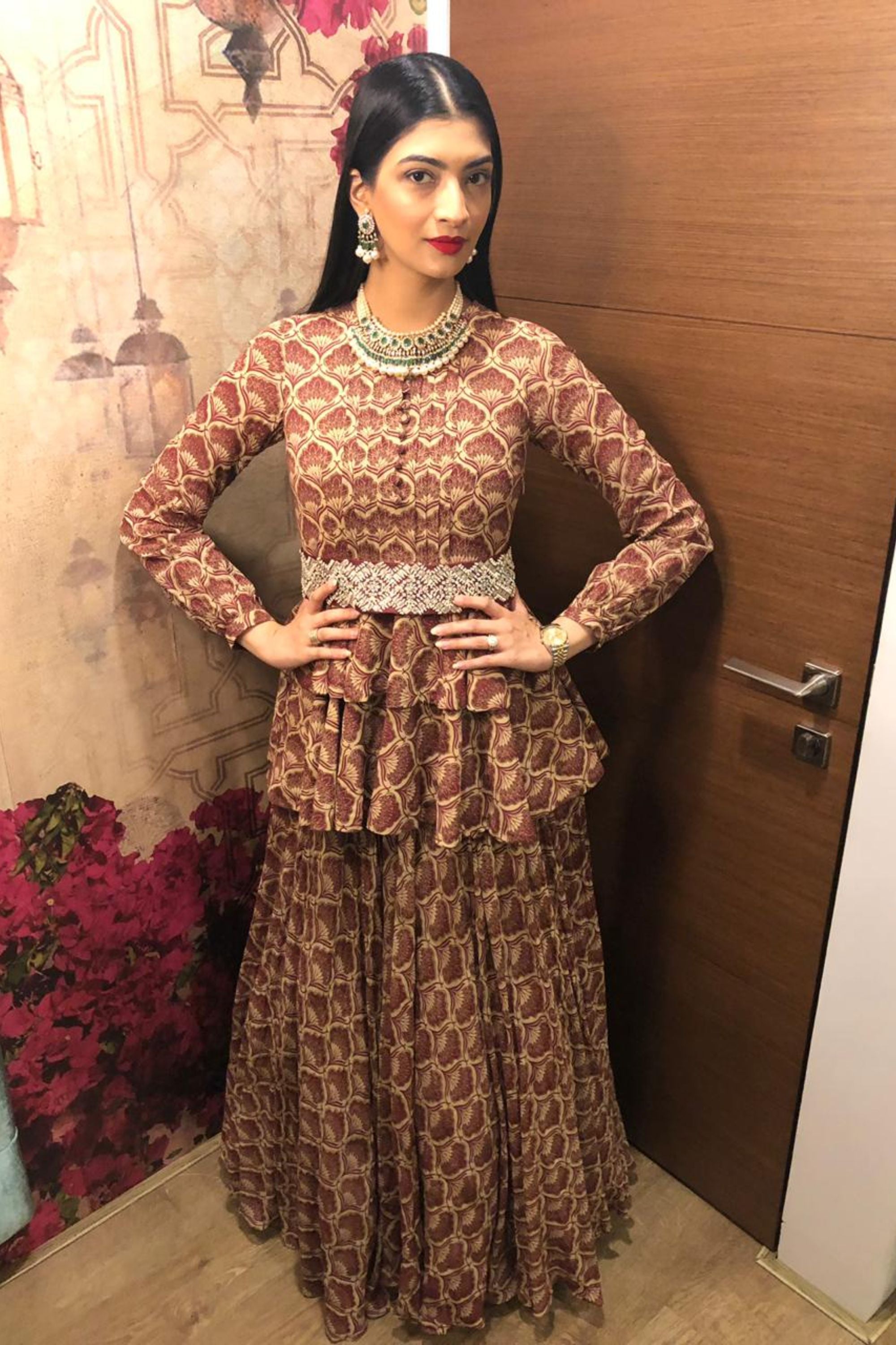 Hanna S Khan in our Maroon Leaf Print Double Peplum Gown with Embellis Bhumika Sharma