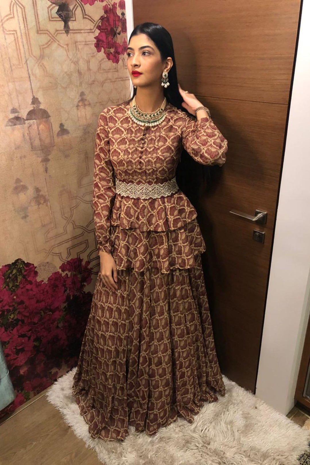 Hanna S Khan in our Maroon Leaf Print Double Peplum Gown with Embellished Belt