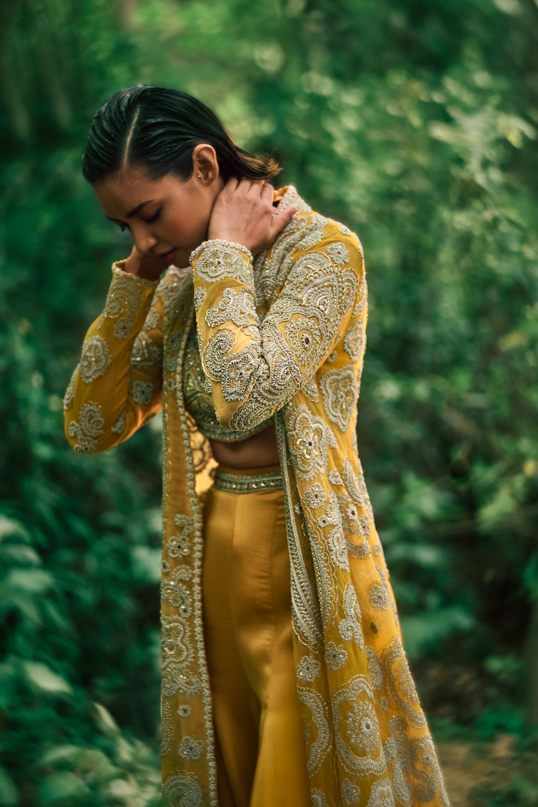 Mustard Embroidered Jacket & Pants Set