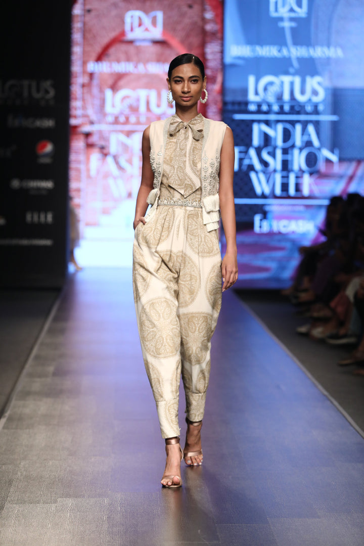 A Printed Jumpsuit With A Front Bow & Embellished Fringe Short Jacket - BHUMIKA SHARMA