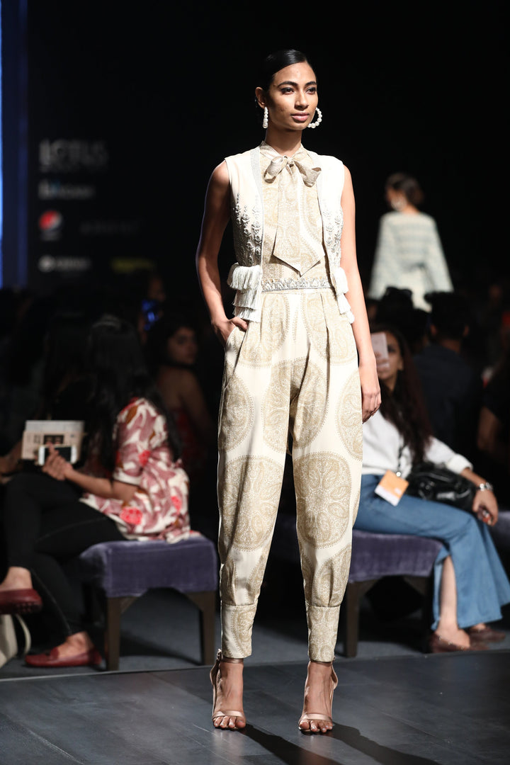 A Printed Jumpsuit With A Front Bow & Embellished Fringe Short Jacket - BHUMIKA SHARMA