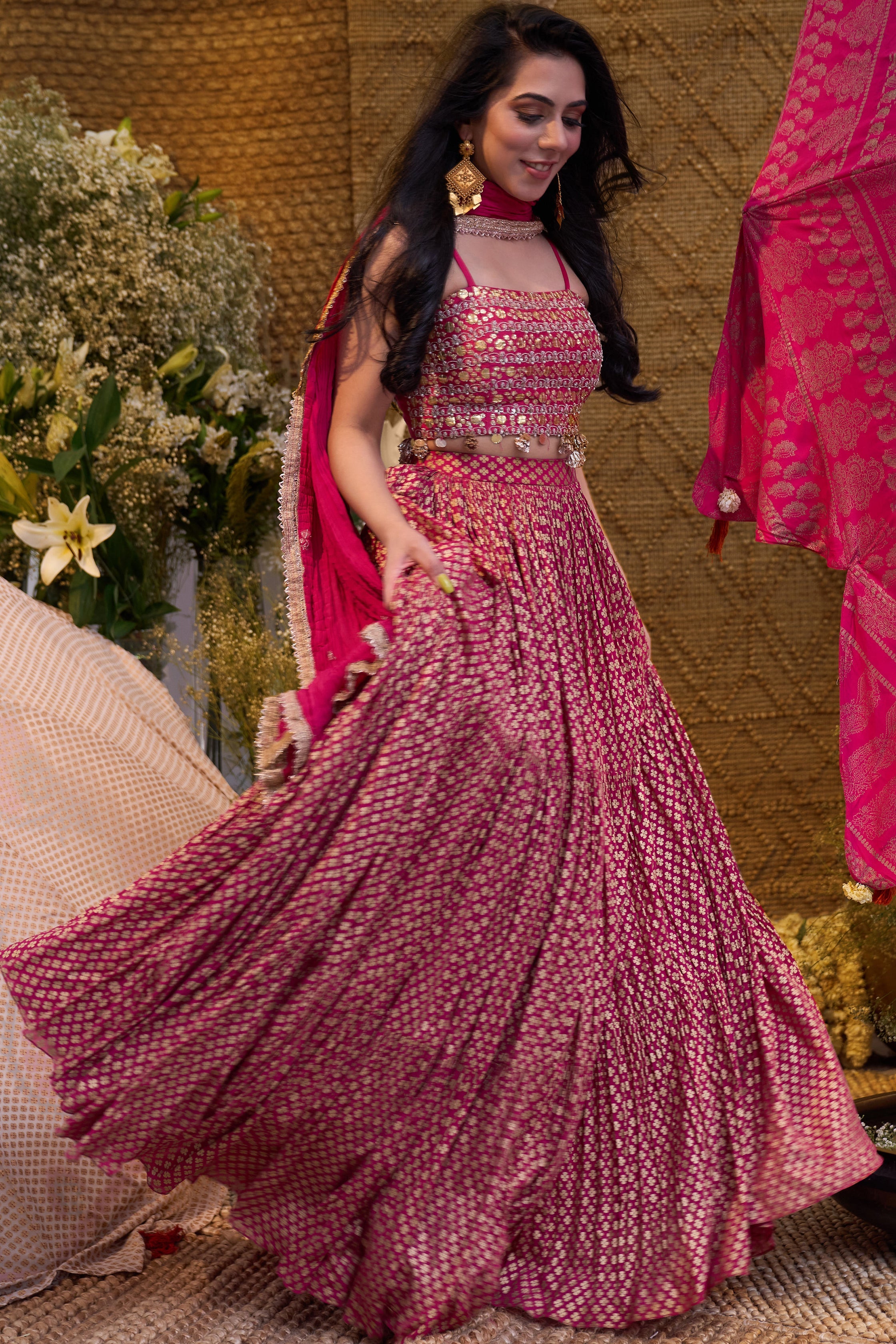 Rani Pink Color Velvet Bridal Lehenga Choli With Hand Work Embroidery