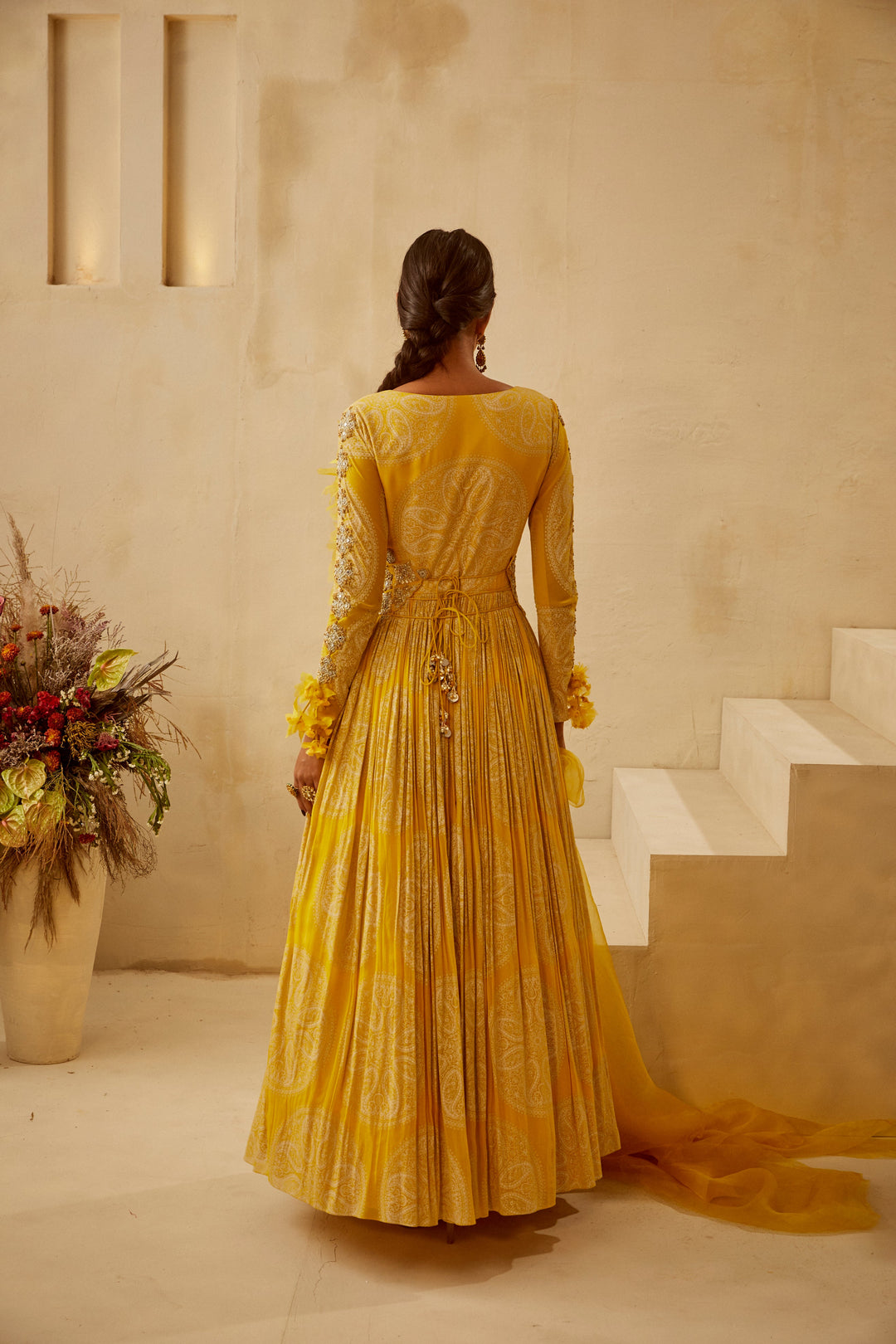 Yellow Circle Print Belted Anarkali