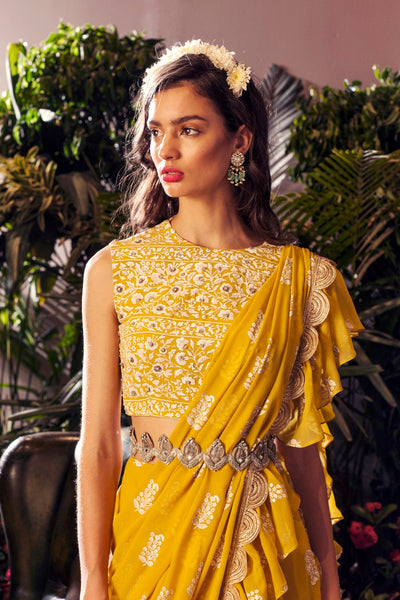 Yellow Printed Layered Saree Set with Embroidered Belt – Bhumika Sharma